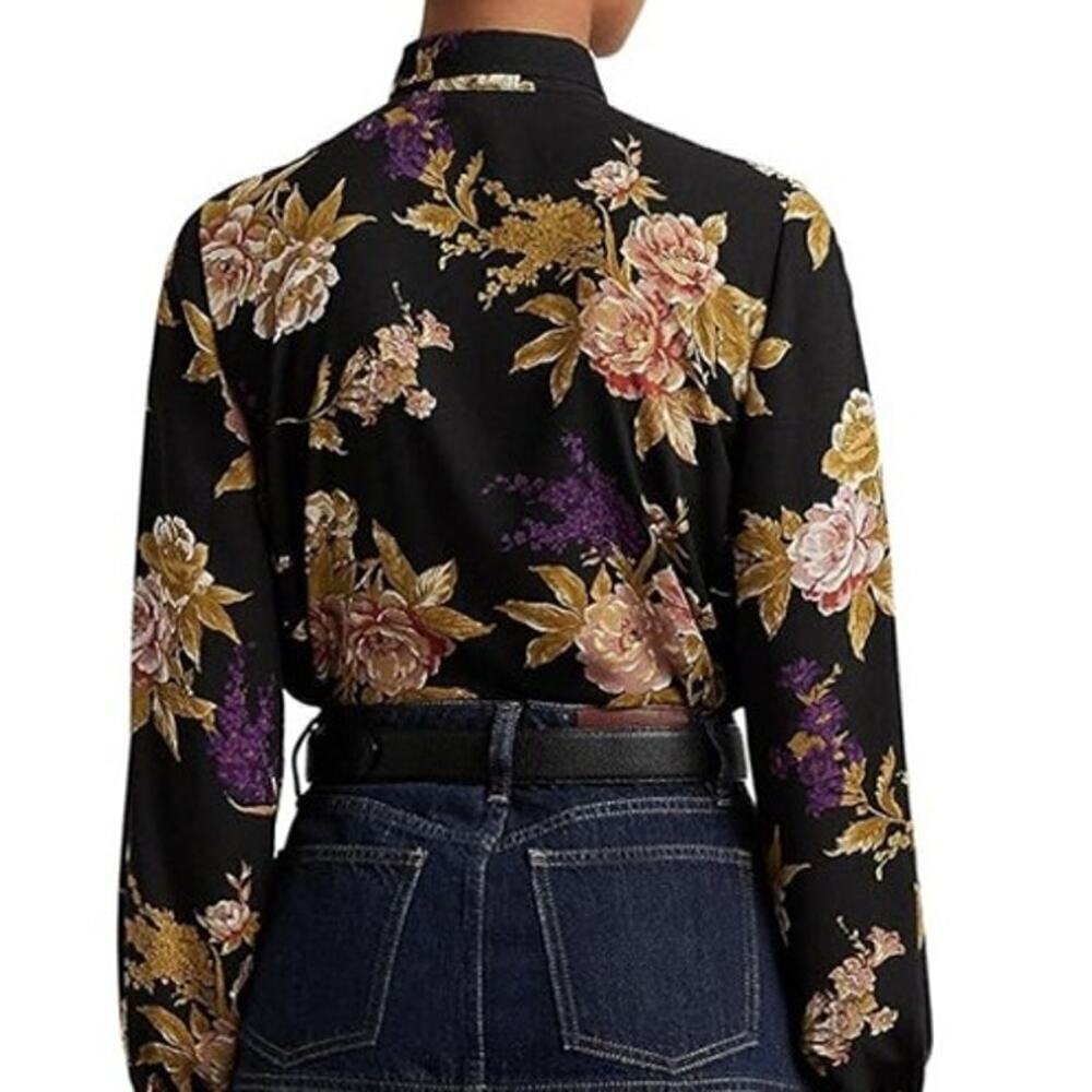 NEW Lauren Ralph Lauren Womens Sz 6 Floral Ruffle-Trim Georgette Shirt Black - Picture 4 of 12